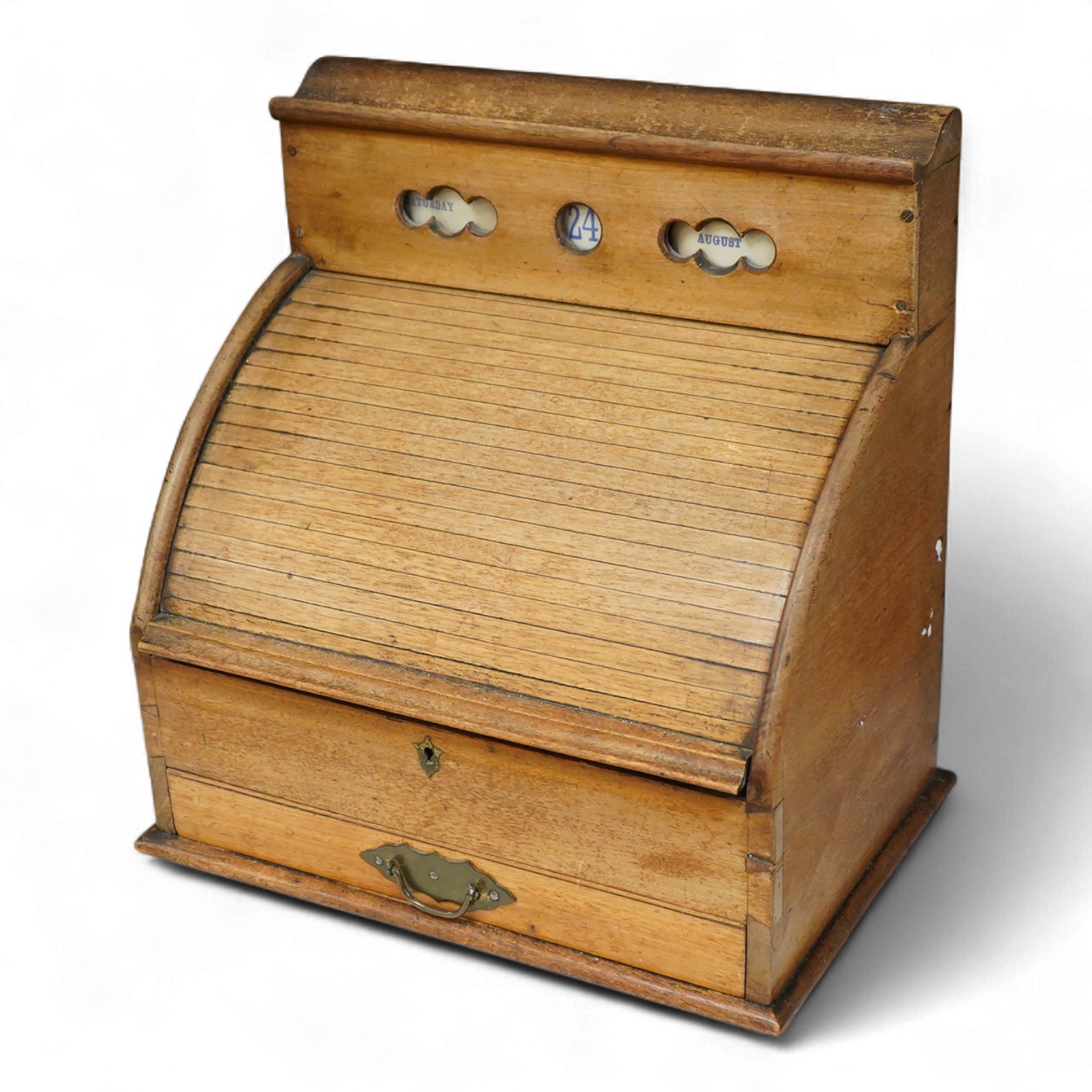 A Victorian mahogany stationery box with calendar and roll top, 34cm high